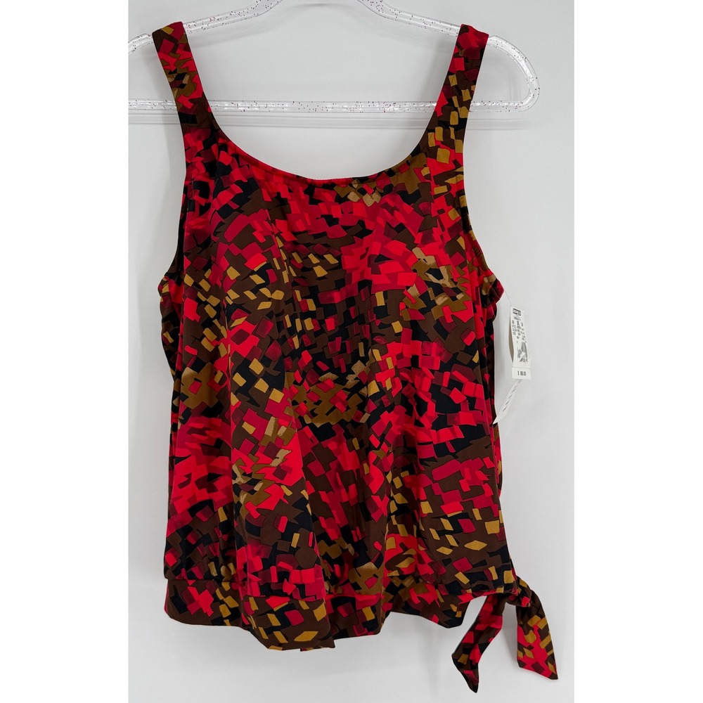 Upstream Red Geometric Mosaic Blouson Tankini Swim Top Side Tie Sz 20W NEW‎
